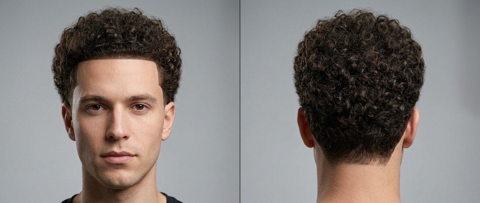 Widok z przodu i z boku na mężczyznę z gęstymi lokami typu 4, precyzyjnym line-upem i zaokrąglonym afro.