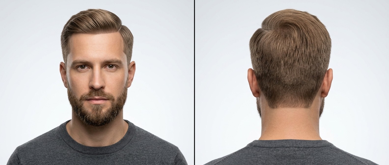 Vista frontal e traseira de um homem com line-up nítido, laterais em degradê, side part clássico e barba bem cuidada.