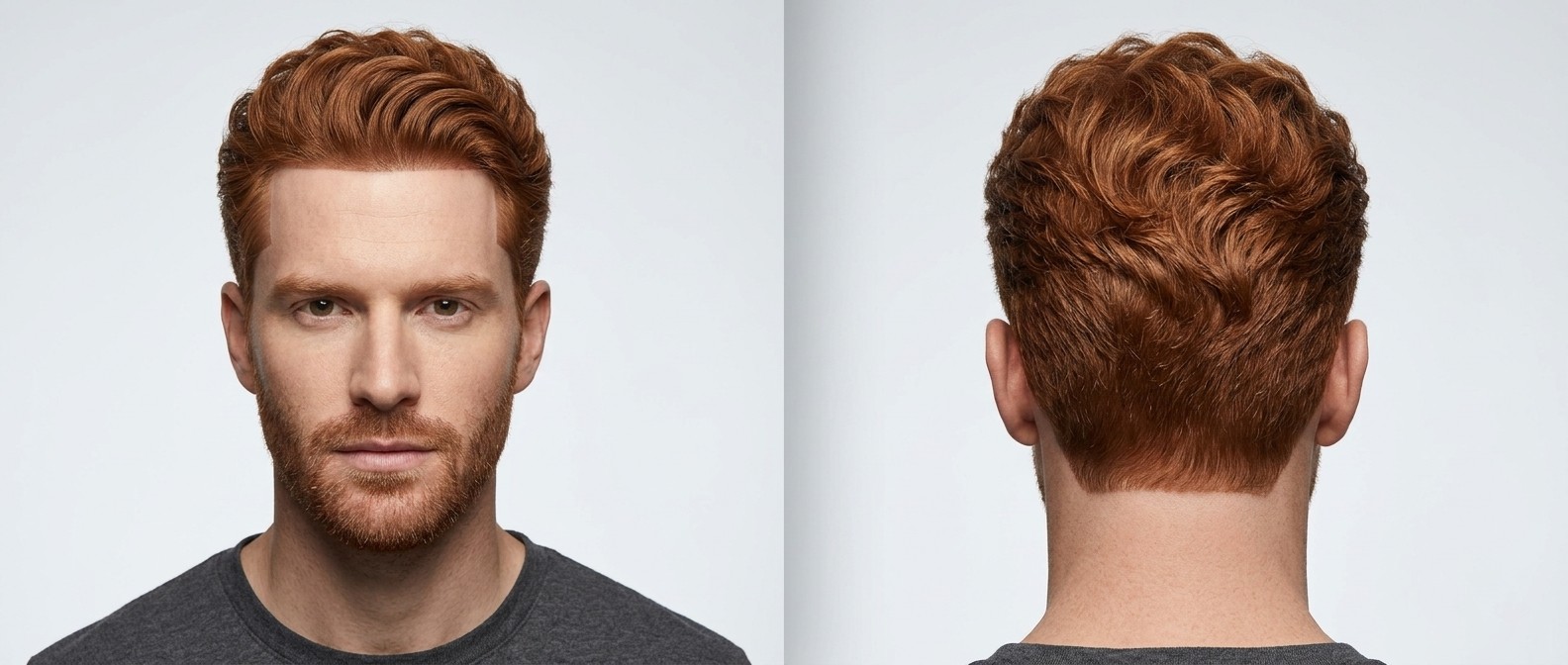 Vue de face et de dos d'un homme de 25-35 ans aux cheveux roux épais et ondulés, avec un line-up net, une coupe texturée et une nuque propre.