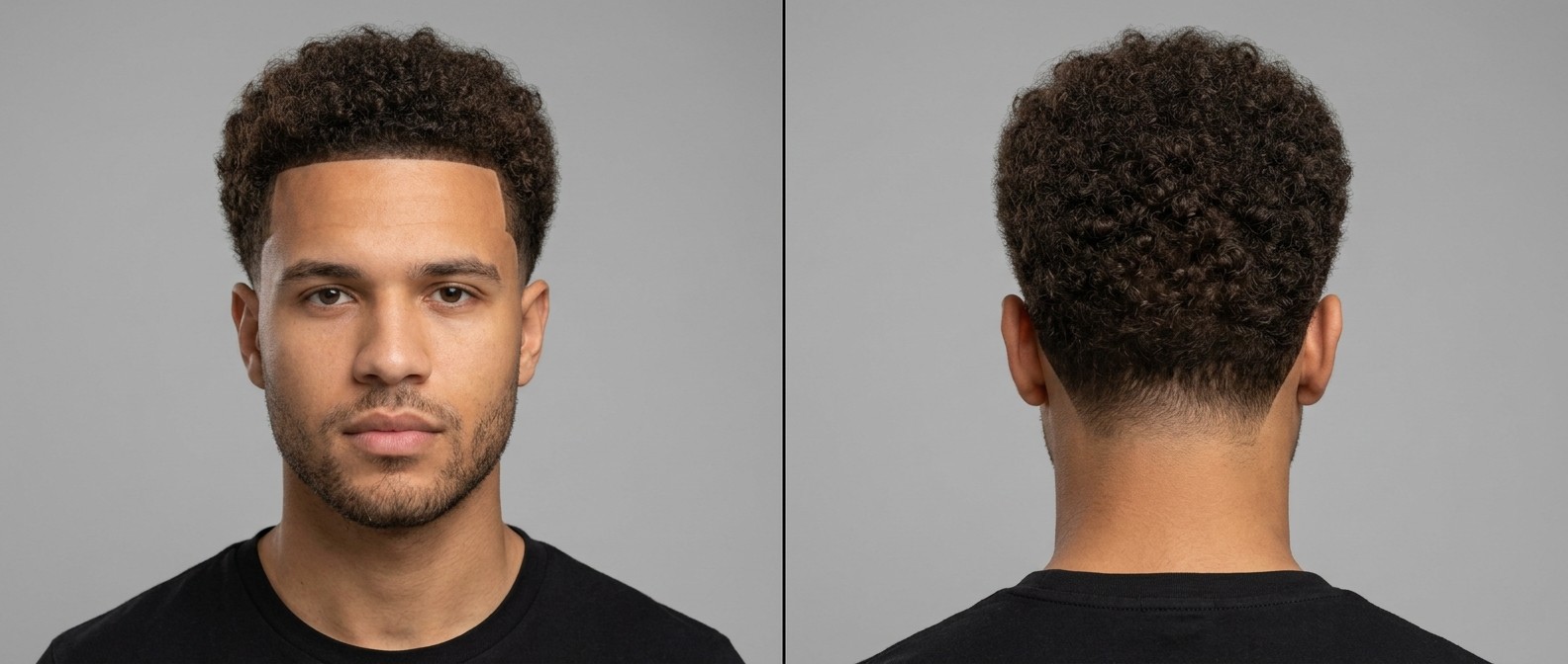Jovem com line-up frontal afiado, cabelo afro curto e texturizado, e fade nas têmporas, visto de frente e de costas.