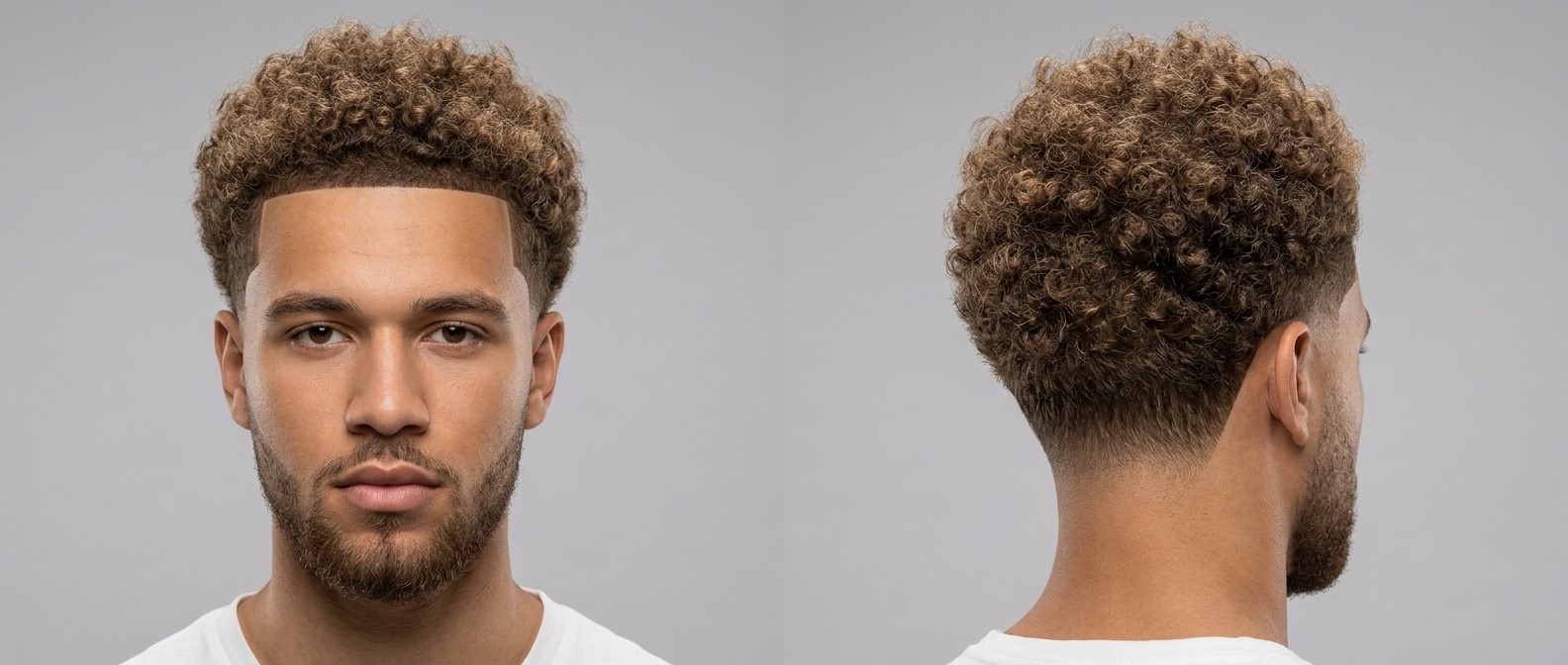 Young man with light brown Type 4 curly hair featuring a razor-sharp front shape-up line-up, low taper fade, and a neatly groomed short beard.