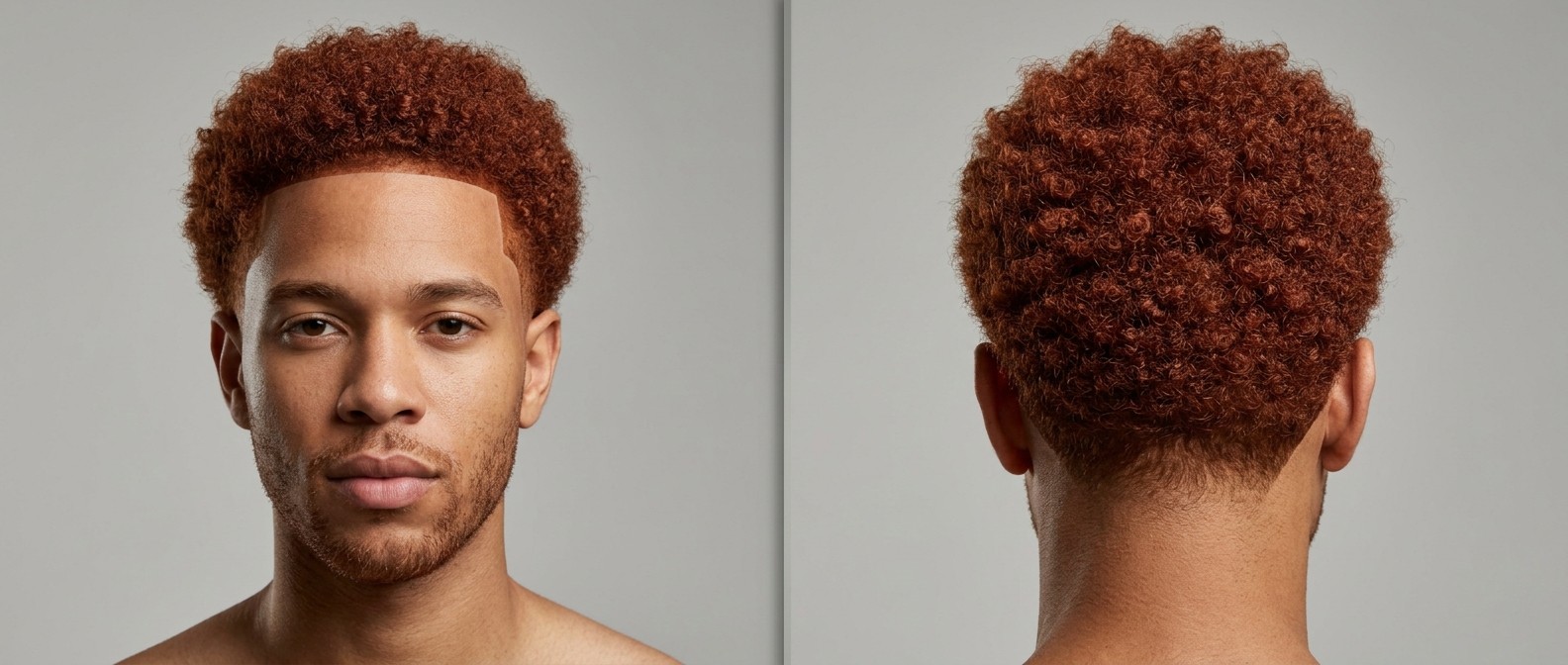 Front and back view of a young man with vibrant red, Type 4 curly hair featuring a razor-sharp front shape-up and a rounded afro silhouette.
