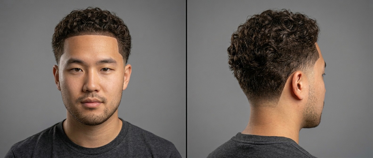 Asian man with a precision shape-up, low taper fade, and natural Type 3 curls on top, demonstrating a high-contrast curly hairstyle.