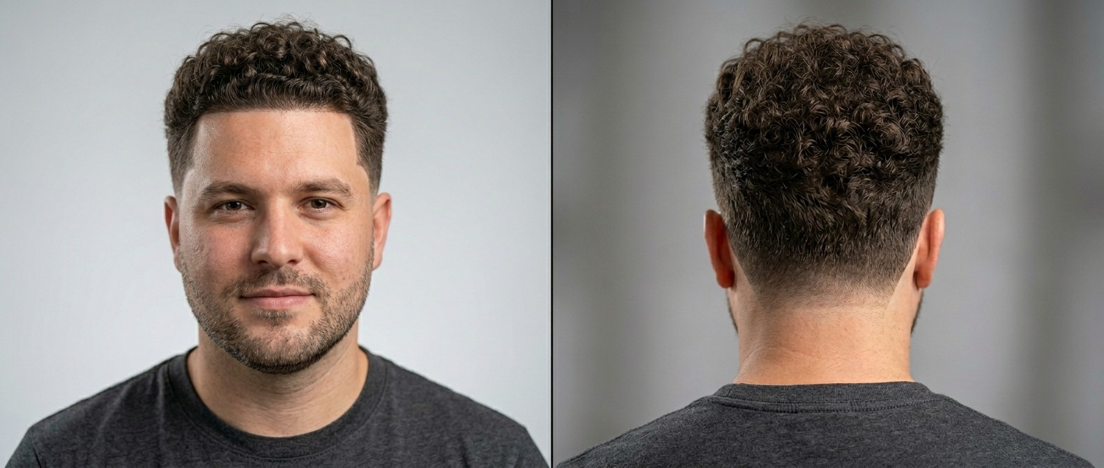 Caucasian man aged 25-35 with a sharp front line-up, medium length thick Type 3 curly hair on top, and a clean taper fade on the sides and back.