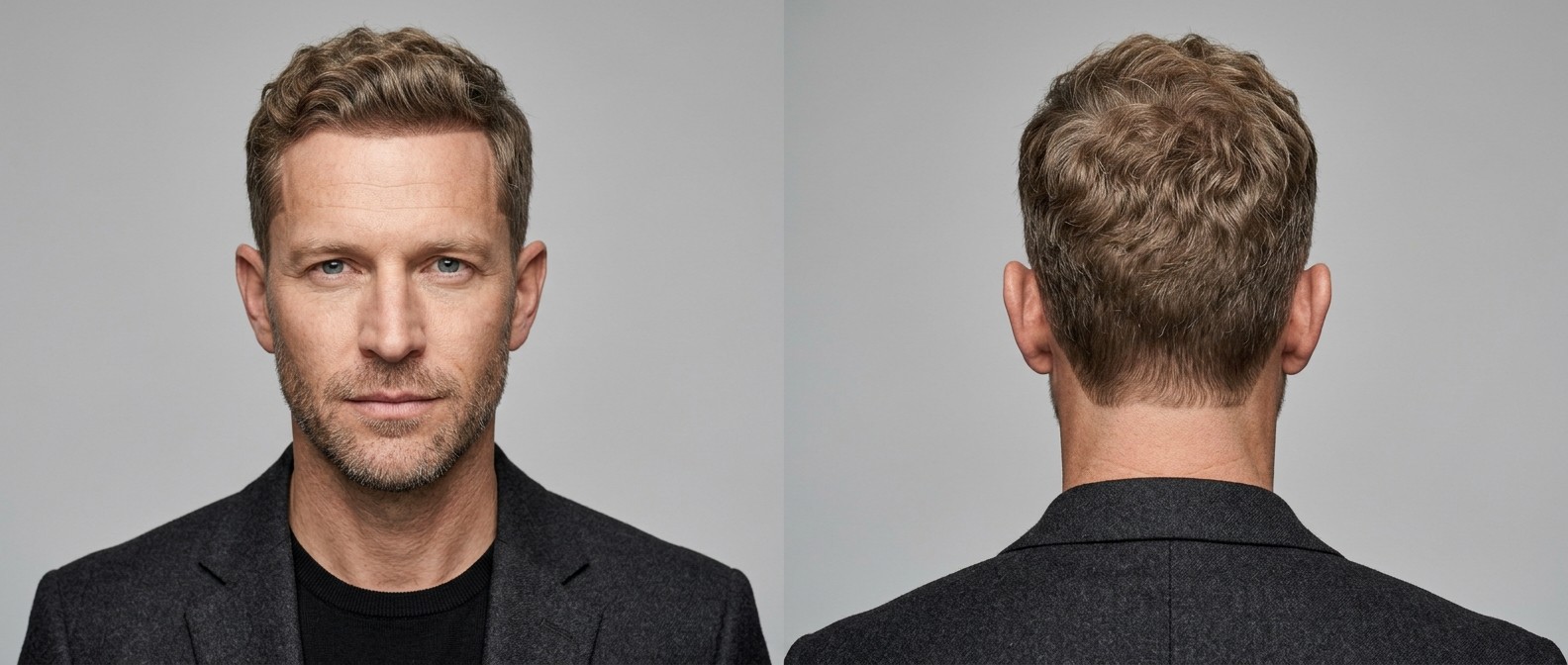 Mature man with light brown wavy hair featuring a precision front line-up, medium textured top, and short tapered sides in a casual everyday style.