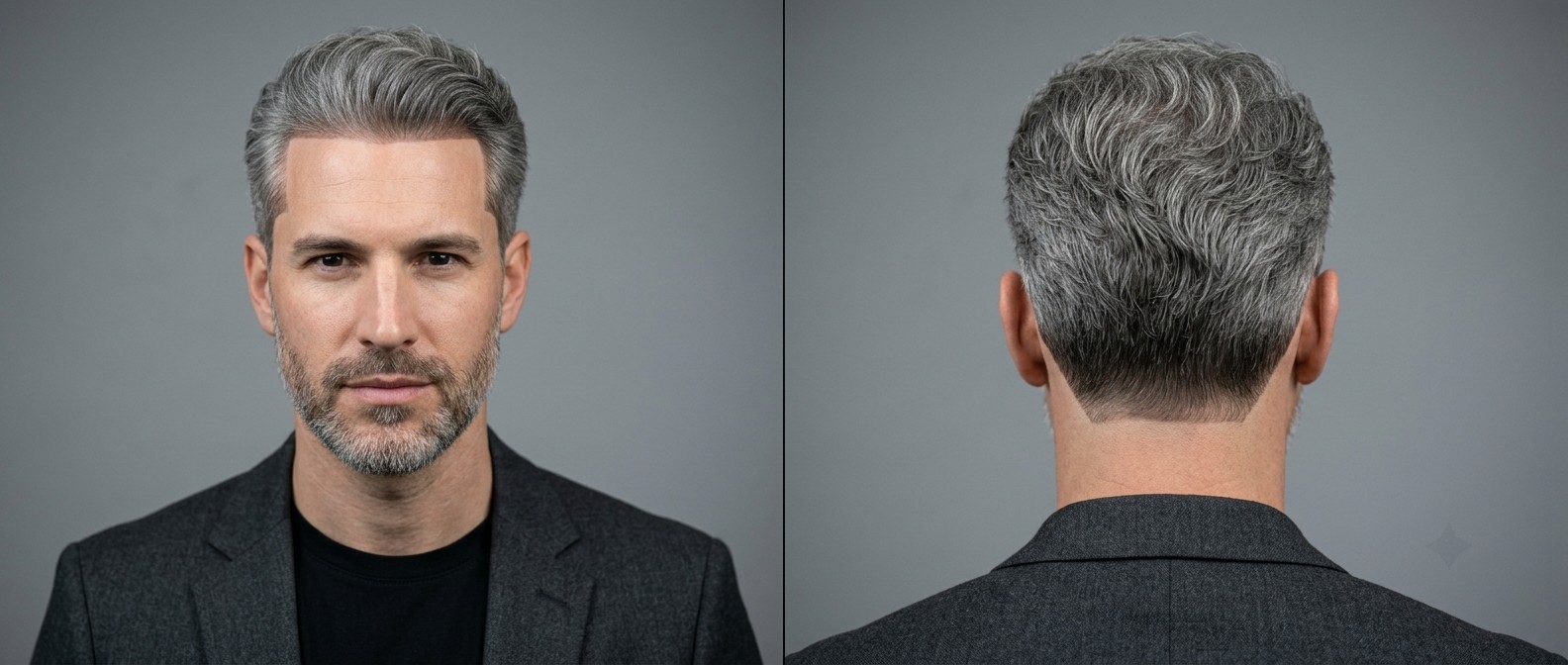 Front and back view of a man with silver wavy hair styled backward, featuring a razor-sharp front line-up, medium sides, and a squared-off neckline.