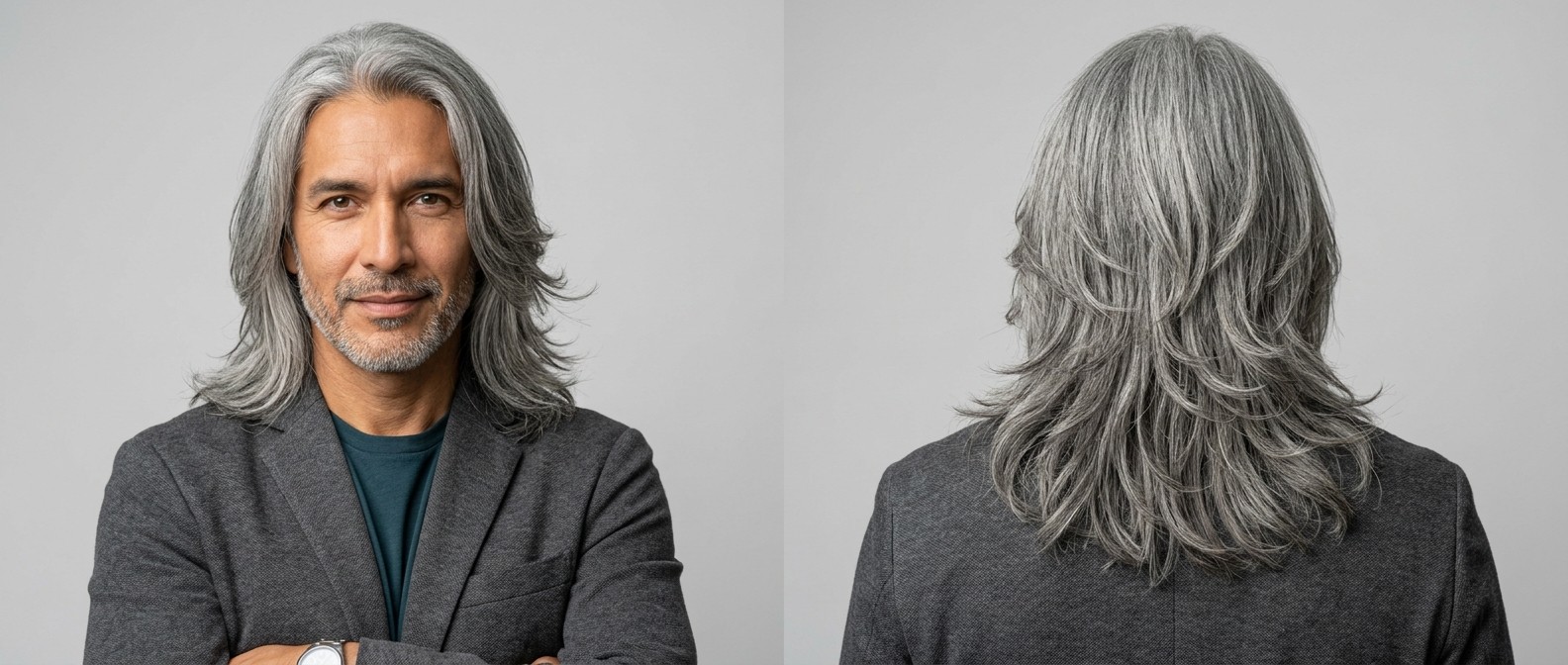 Front and back view of a mature Latino man with thick, silver gray hair styled in a long layered cut with feathered ends and a natural part.