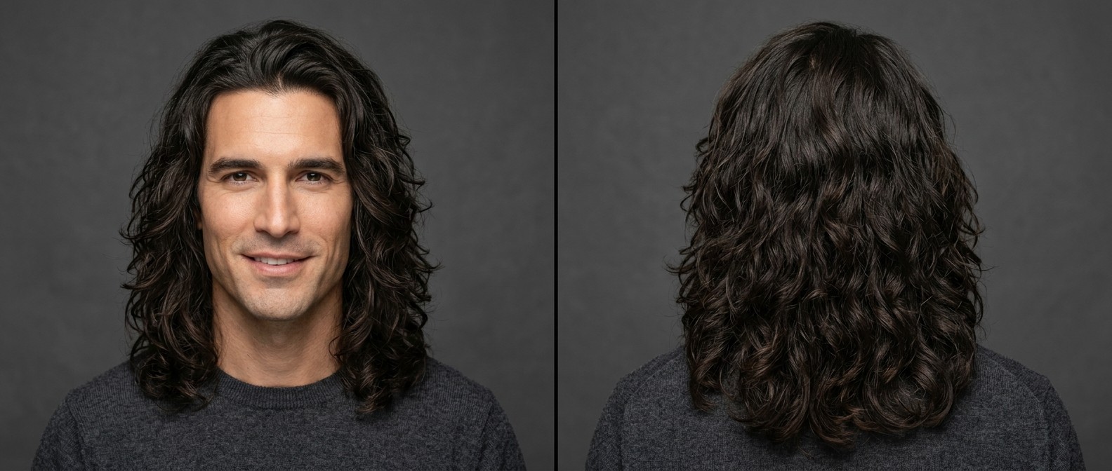 Vue de face et de dos d'un homme aux cheveux longs, bruns, épais et ondulés avec un dégradé encadrant le visage et une raie naturelle décentrée.