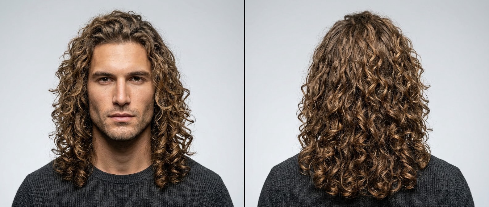 Front and back view of a man with long, thick, Type 3 layered curly hair flowing past his shoulders, featuring light brown tones and a square jaw.