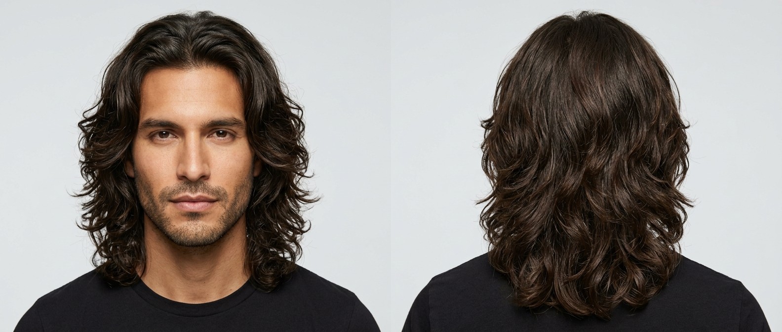 Latynoski mężczyzna z oliwkową cerą i zarostem prezentuje długą, warstwową fryzurę z falami, widoczny naturalny przedziałek na środku.