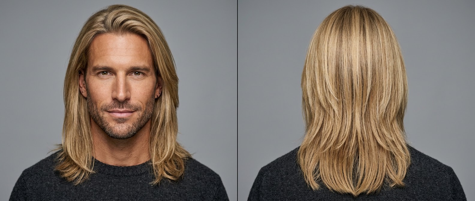 Vista frontal e traseira de homem de 35 a 45 anos com corte longo em camadas, cabelo loiro liso e barba por fazer em fundo cinza.
