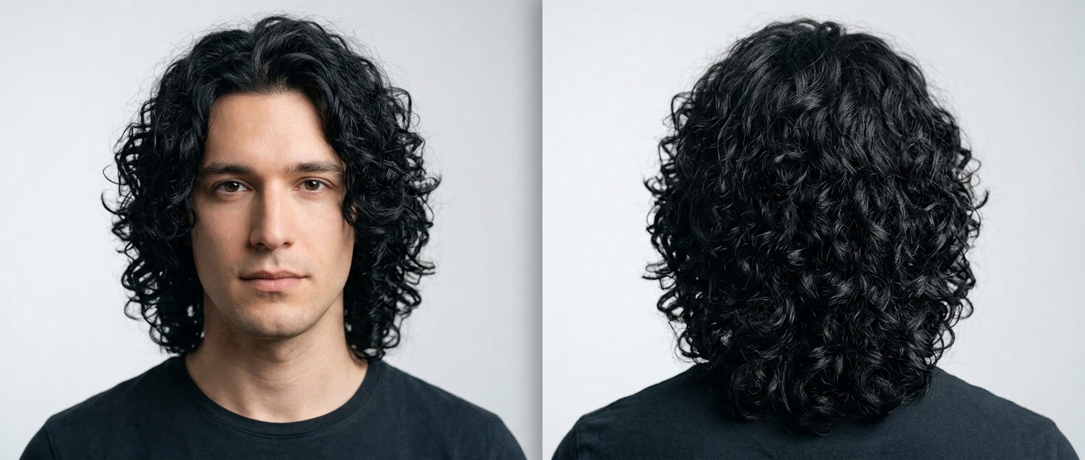 Visão frontal e traseira de homem com cabelo cacheado preto tipo 3, corte longo em camadas, cachos definidos e divisão ao meio.