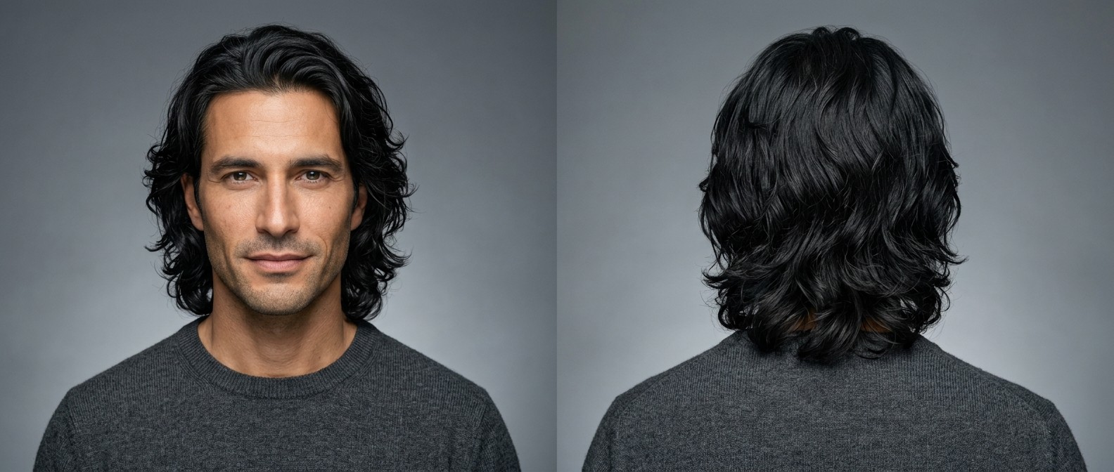 Mężczyzna z ciemnymi włosami i oliwkową cerą prezentuje zaczesaną do tyłu, cieniowaną fryzurę falowaną.