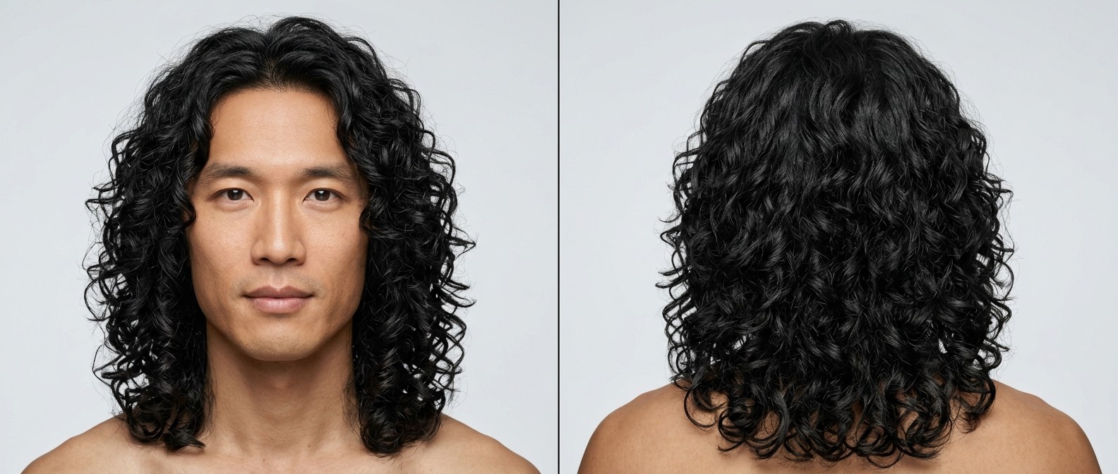 Mężczyzna w wieku 35-45 lat z długimi, czarnymi, kręconymi włosami typu 3, cieniowanymi warstwowo z przedziałkiem na środku.