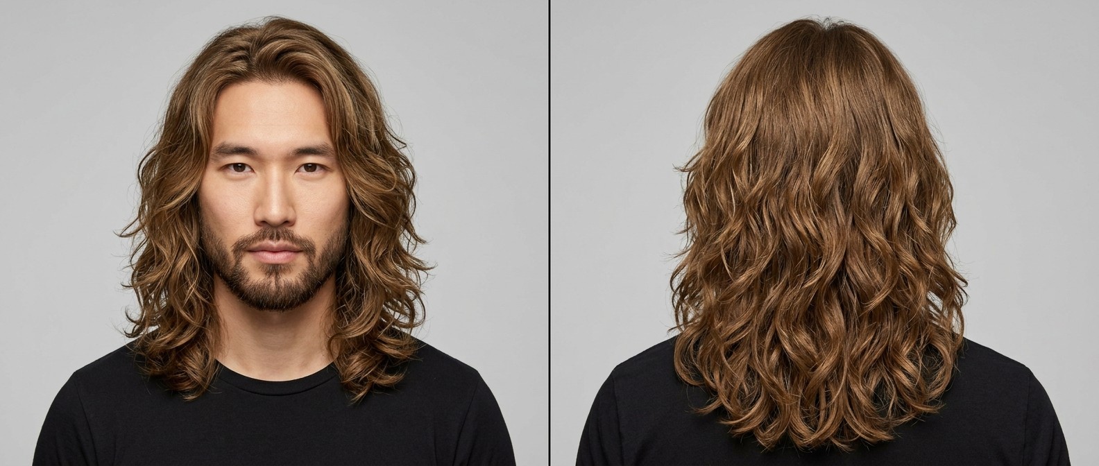 Widok z przodu i z tyłu na mężczyznę z zadbaną brodą i długimi, cieniowanymi, falowanymi włosami w kolorze jasnego brązu.