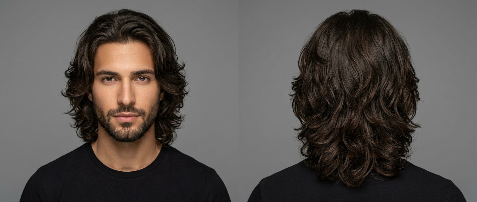 Vue de face et de dos d'un homme à la peau mate avec une barbe courte, arborant une coupe longue dégradée et ondulée balayée vers l'arrière.