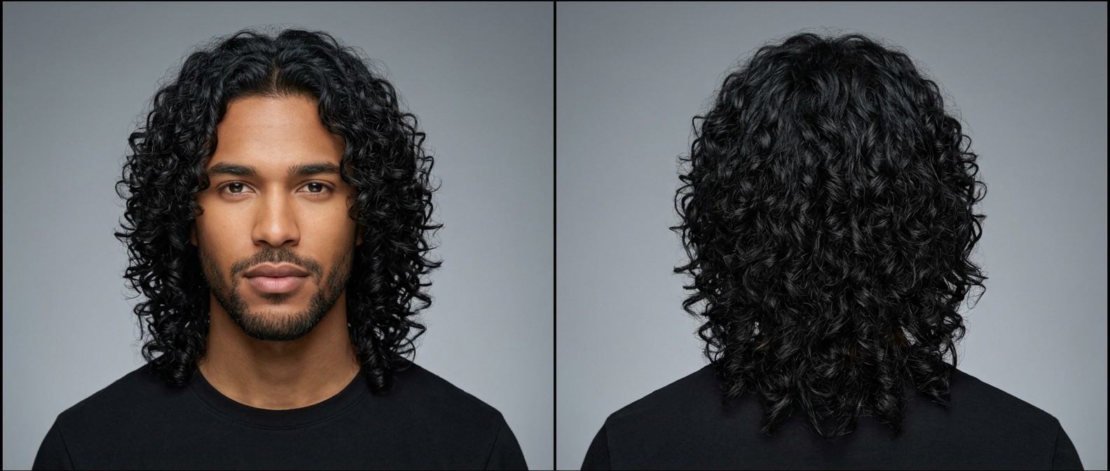 Front and back view of a young man with a short beard showcasing a long layered curly hairstyle with defined Type 3 ringlets and a middle part.