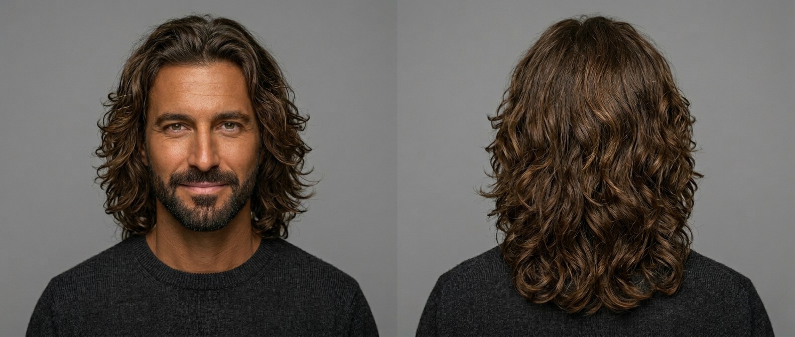Front and back view of a 45+ man with an olive complexion and a short beard, modeling a long layered wavy brown hairstyle with subtle highlights.