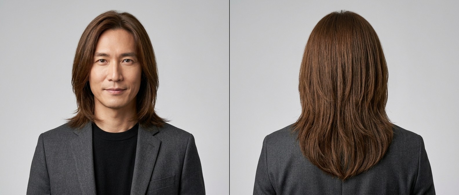 Widok z przodu i z tyłu na dojrzałego mężczyznę z długimi, wycieniowanymi brązowymi włosami, z pasmami okalającymi twarz i tyłem w kształcie litery V.