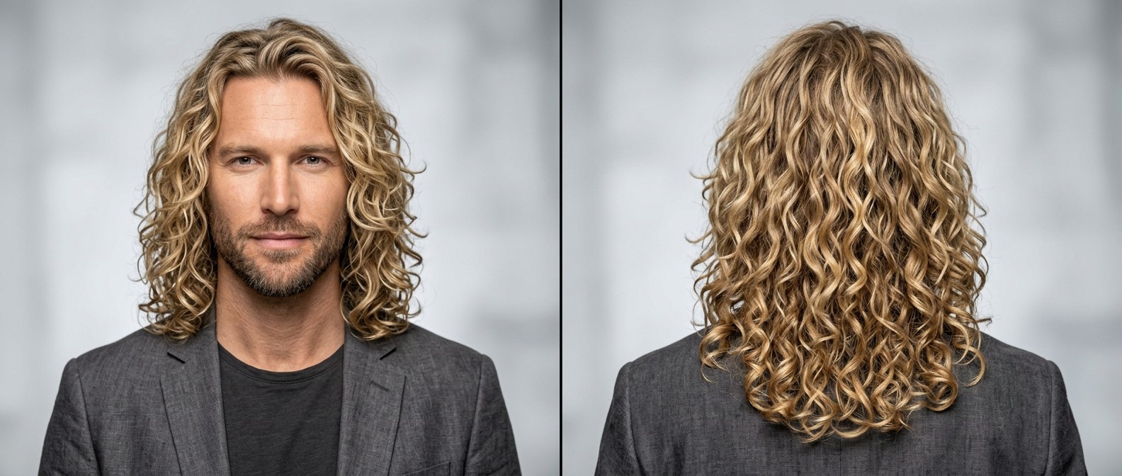 Front and back view of a 40-year-old man with a short beard wearing a long layered curly blonde hairstyle with natural Type 3 ringlets.