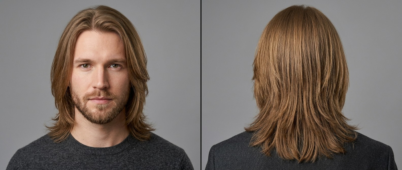 Light brown, shoulder-length layered straight hairstyle for men, featuring face-framing layers and a tapered back, paired with a short beard.