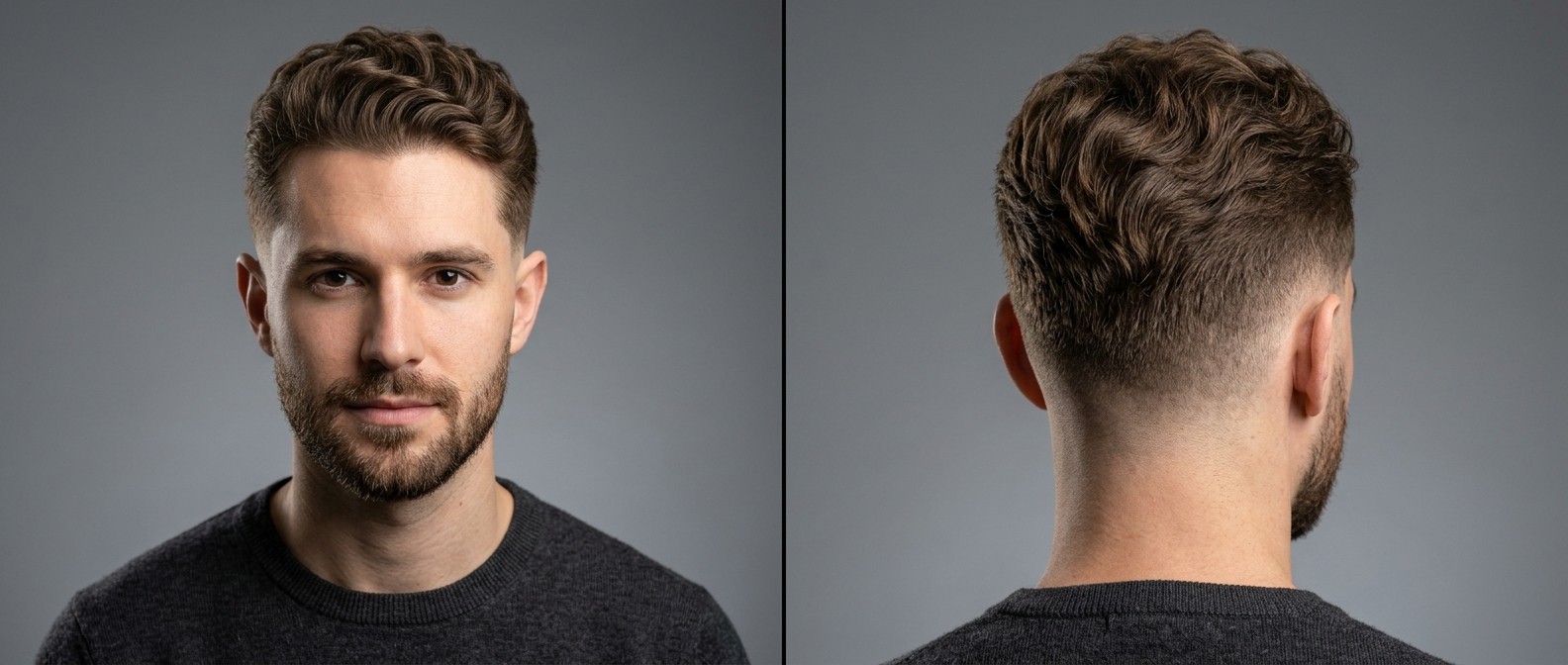 Front and back view of a Caucasian man with a textured wavy low fade haircut, styled back, featuring a short beard and a widow's peak.