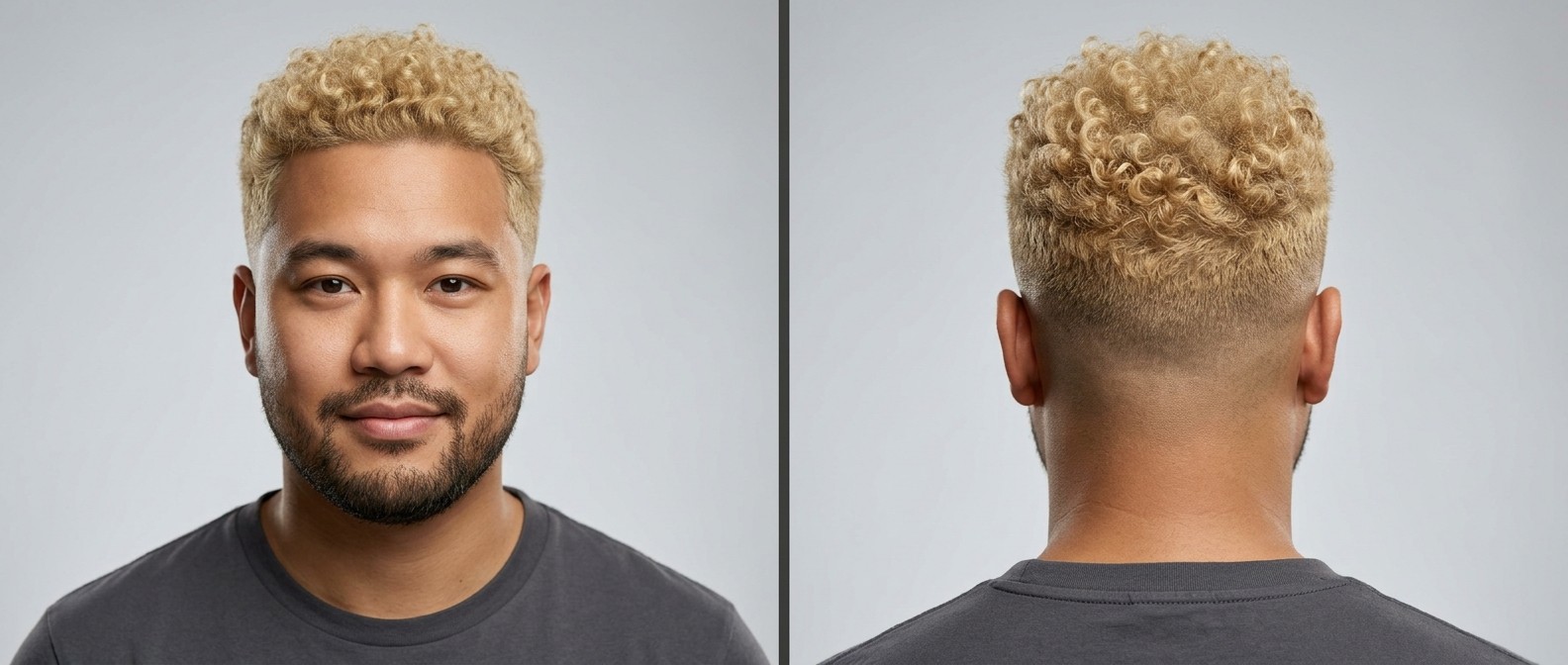 Azjatycki mężczyzna z krótką ciemną brodą i rozjaśnianymi blond lokami średniej długości, z precyzyjnym low skin fade po bokach.