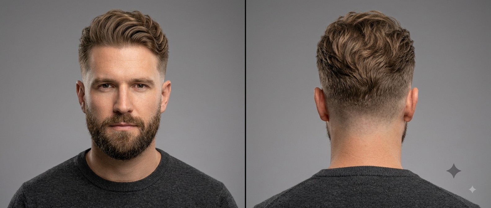 Vista frontal e traseira de um homem com barba bem cuidada usando um corte wavy swept-back com low drop fade e coroa texturizada.