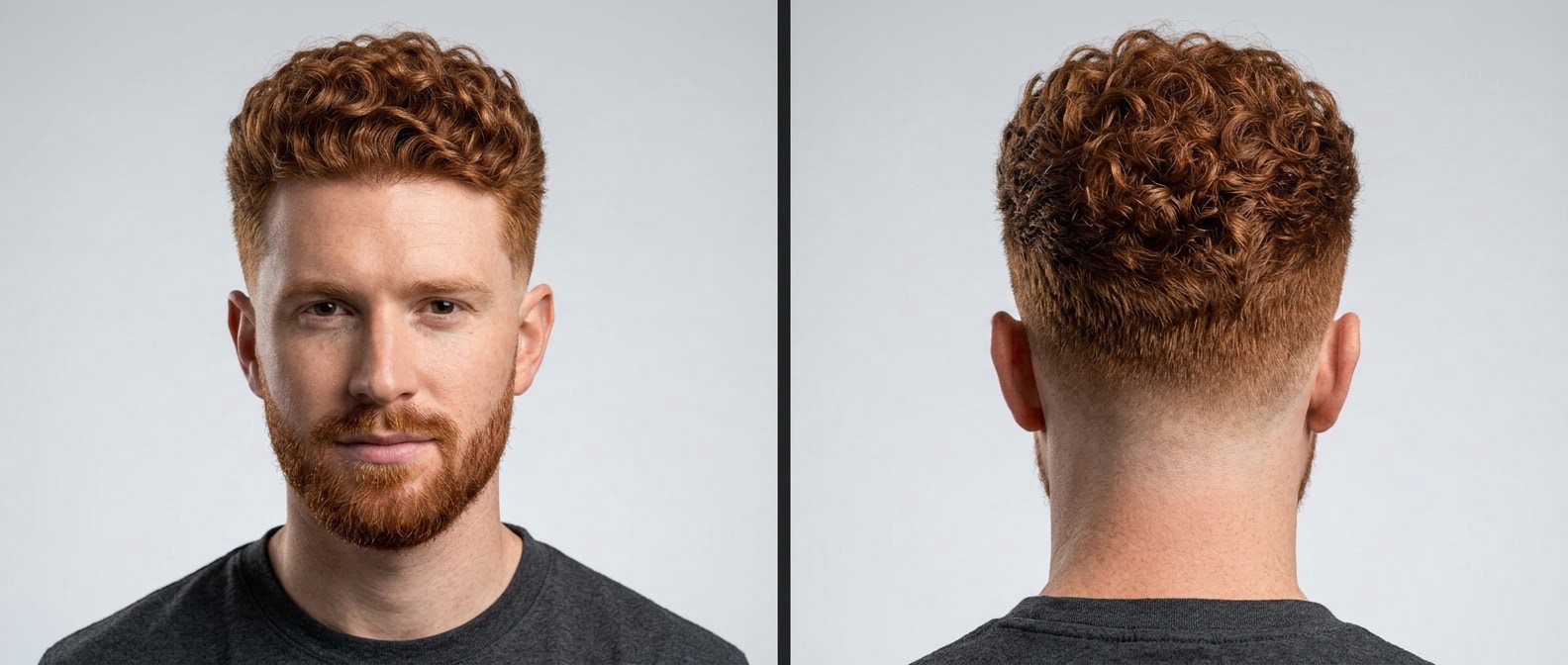 Front and back view of a Caucasian man with a red curly hair low drop fade, featuring medium length thick curls on top and a short beard.