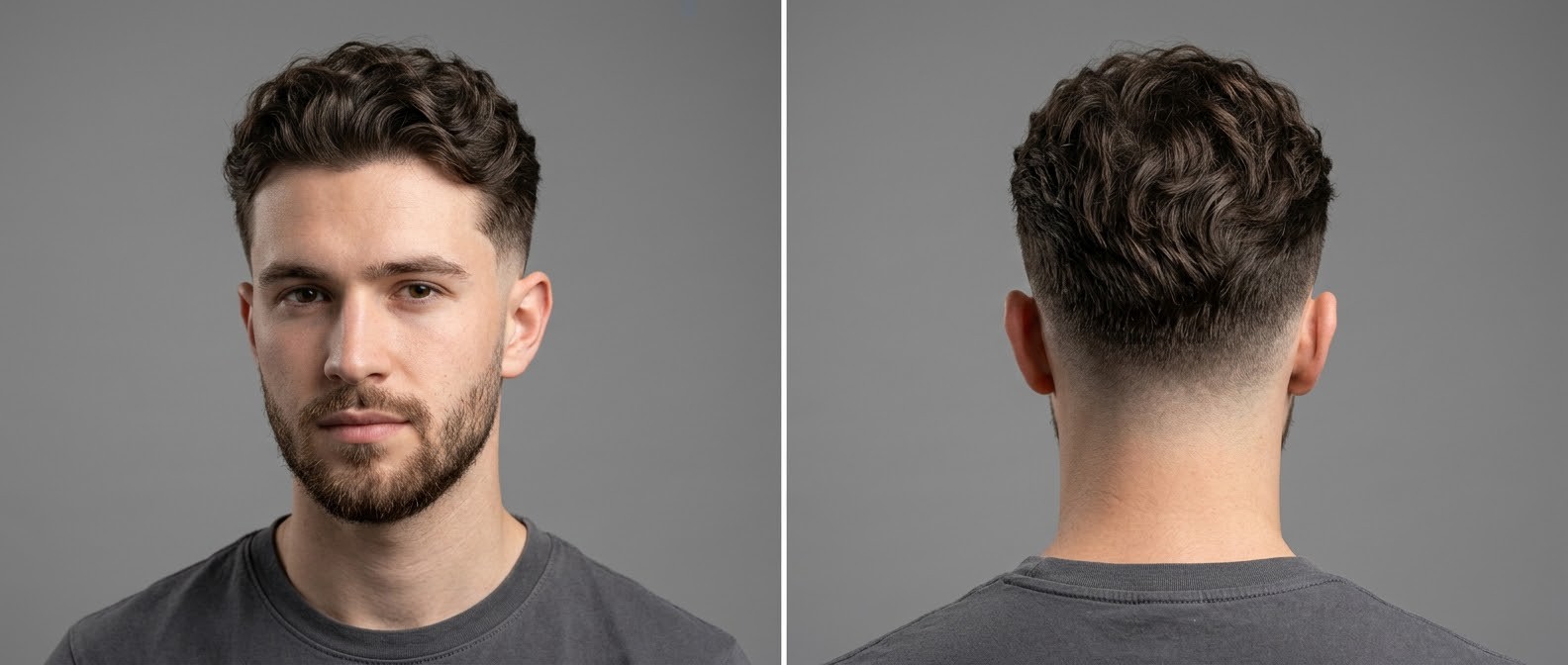 Homem jovem com corte low drop fade ondulado, topo texturizado de comprimento médio e barba curta bem alinhada, visto de frente e de costas.
