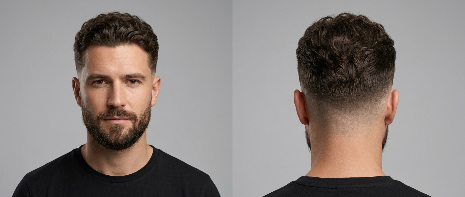 Widok z przodu i z tyłu na mężczyznę z ciemnobrązowymi, falowanymi włosami, krótkim low fade i zadbaną brodą.