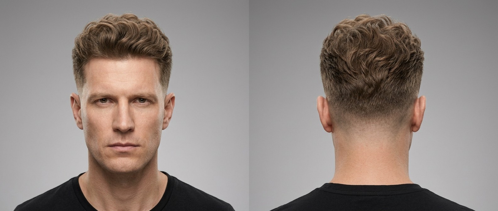 Mężczyzna w wieku 35-45 lat z jasnobrązowymi włosami w fryzurze wavy low fade z zaczesanym do tyłu quiffem.