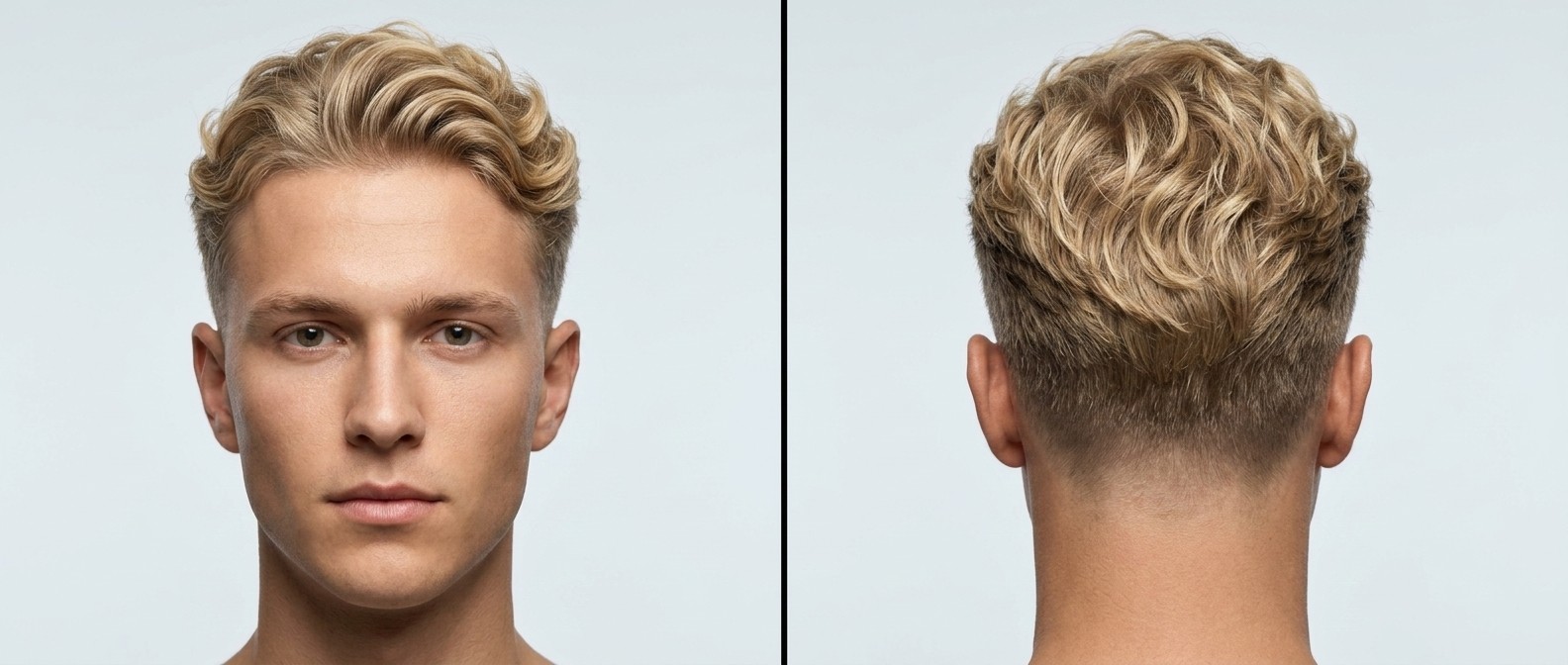 Widok z przodu i z tyłu młodego blondyna z modnym low drop fade i elegancko zaczesanymi, falowanymi włosami w studiu.