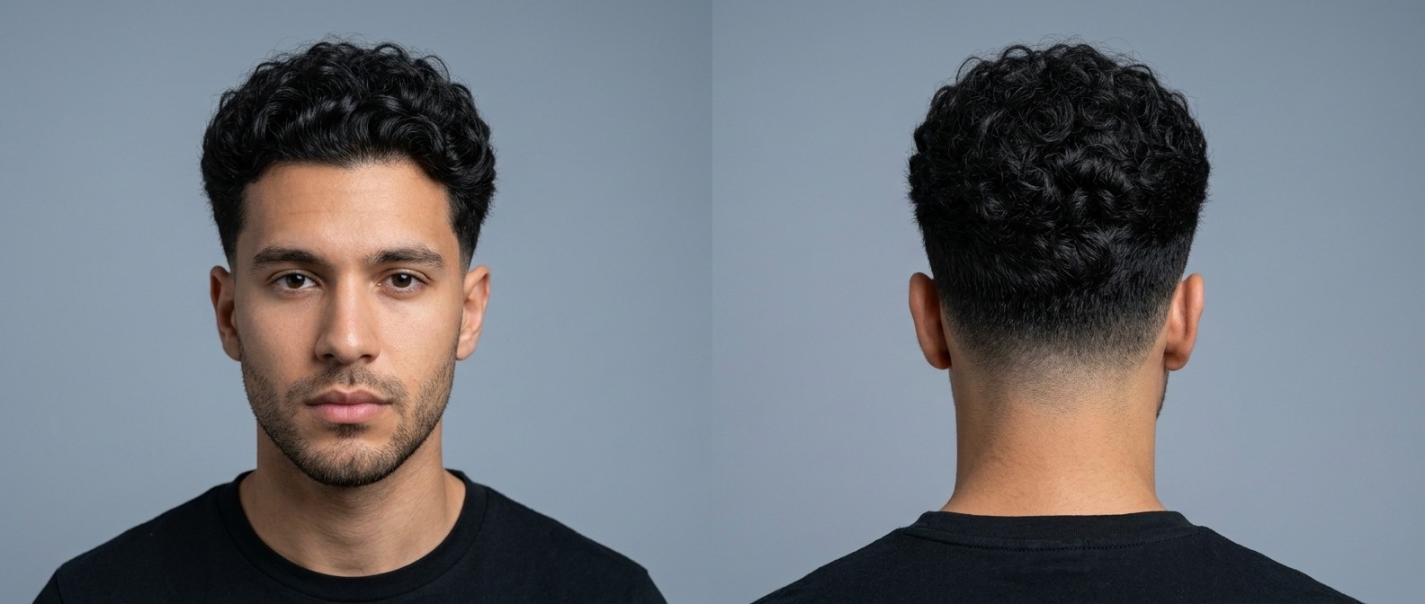 Front and back view of a young man with thick Type 3 curly hair styled in a low drop fade, featuring defined dark curls and a light stubble beard.