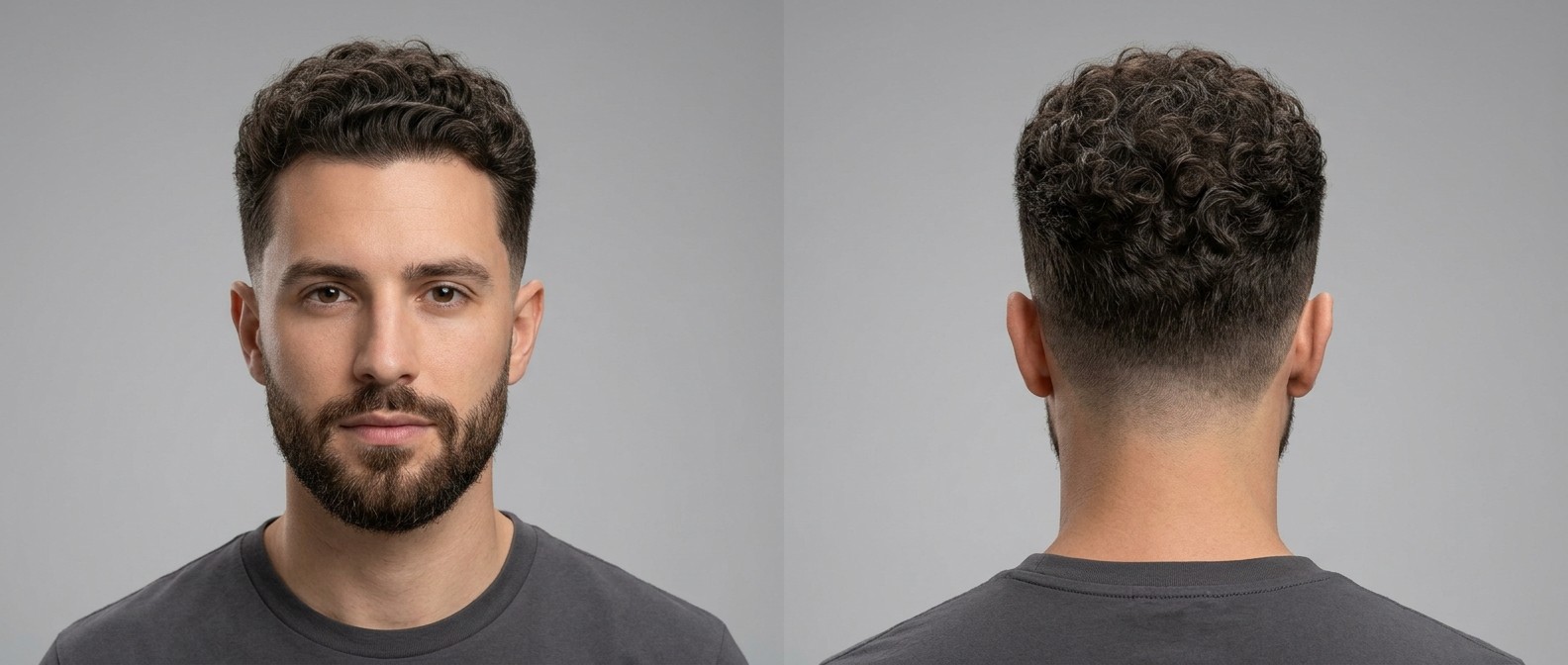 Widok z przodu i z tyłu na mężczyznę z fryzurą curly low fade, teksturowaną górą i zadbaną brodą na szarym tle.