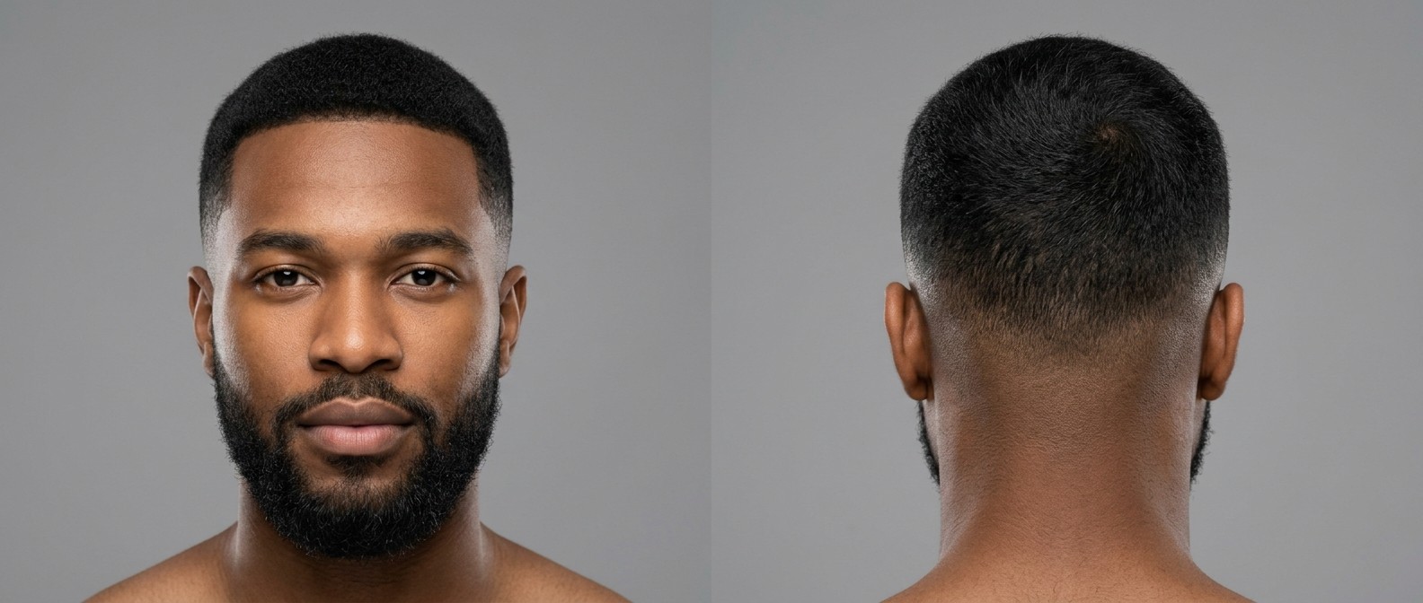 Widok z przodu i z tyłu na mężczyznę z precyzyjnym low drop fade, krótkimi włosami, ostrym konturem i zadbaną brodą.
