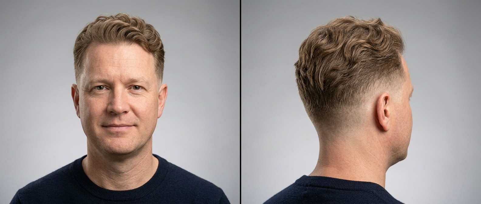 Mature Caucasian man with an elegant low fade and medium-length, textured wavy top for fine hair, styled back to flatter a round face shape.