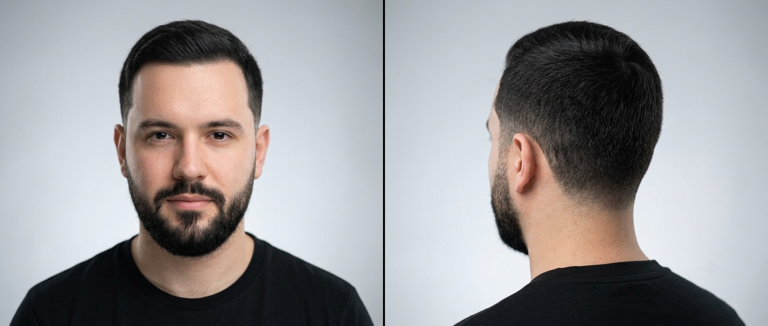 Front and side view of a young man with a professional low fade haircut, short side-swept top, and a neatly groomed beard on black straight hair.