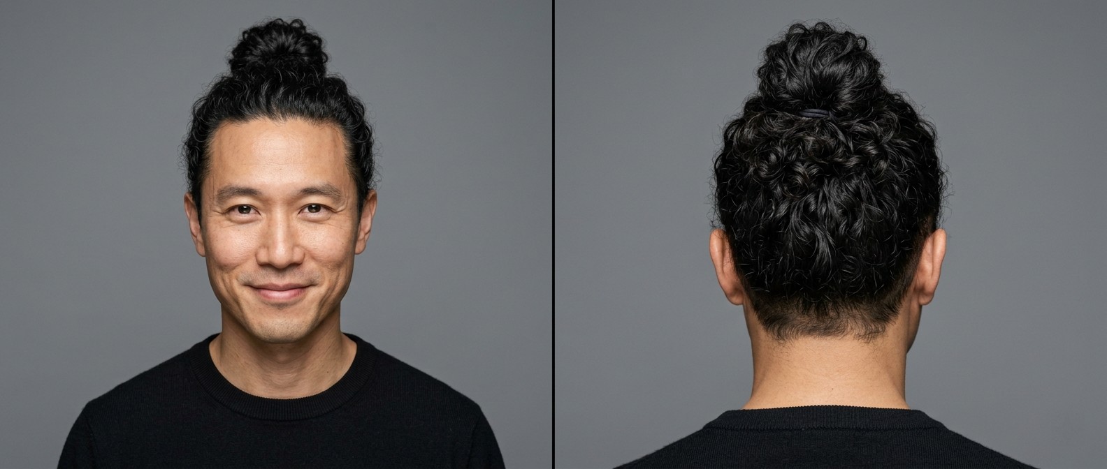 Widok z przodu i z tyłu na 35-45 letniego mężczyznę z wysokim koczkiem z kręconych włosów i cieniowanymi bokami.