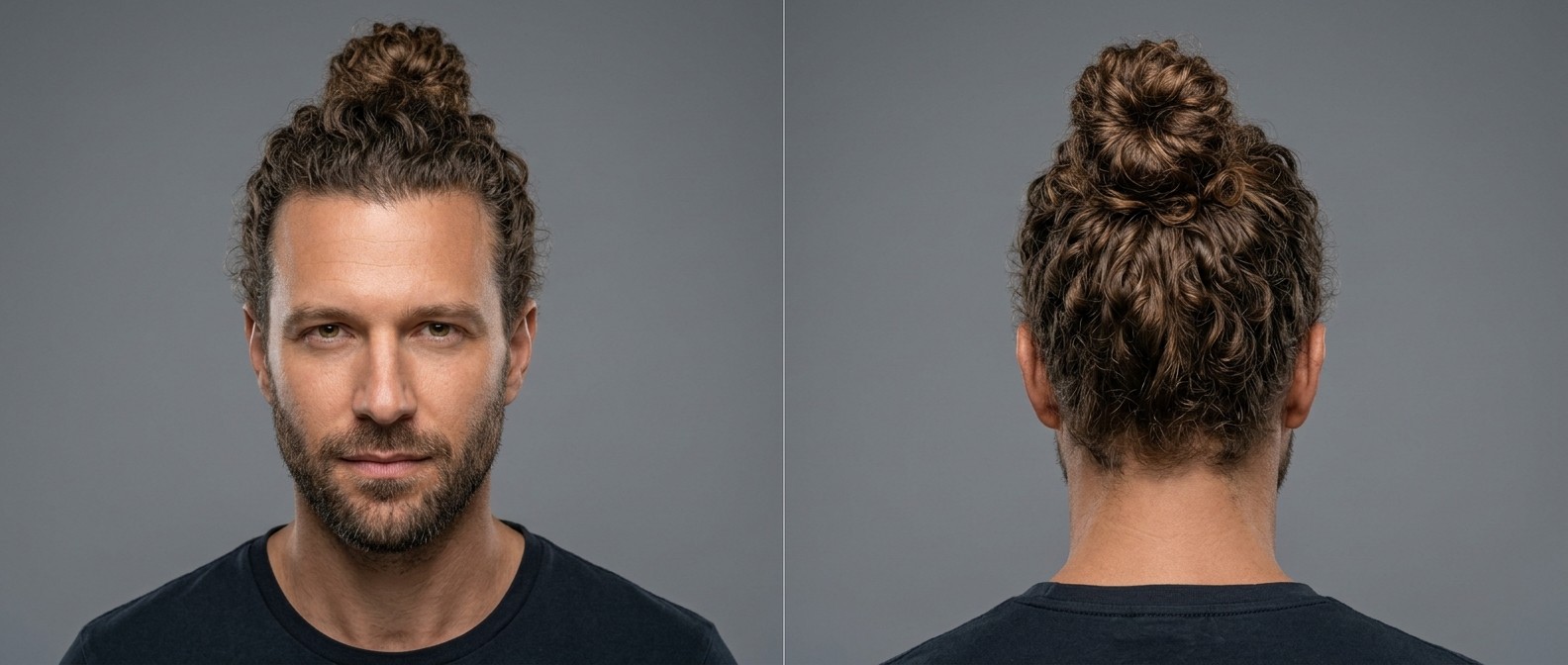 Front and back view of a 40-year-old Caucasian man with a short beard wearing a high curly man bun, showcasing textured brown hair and a widow's peak.