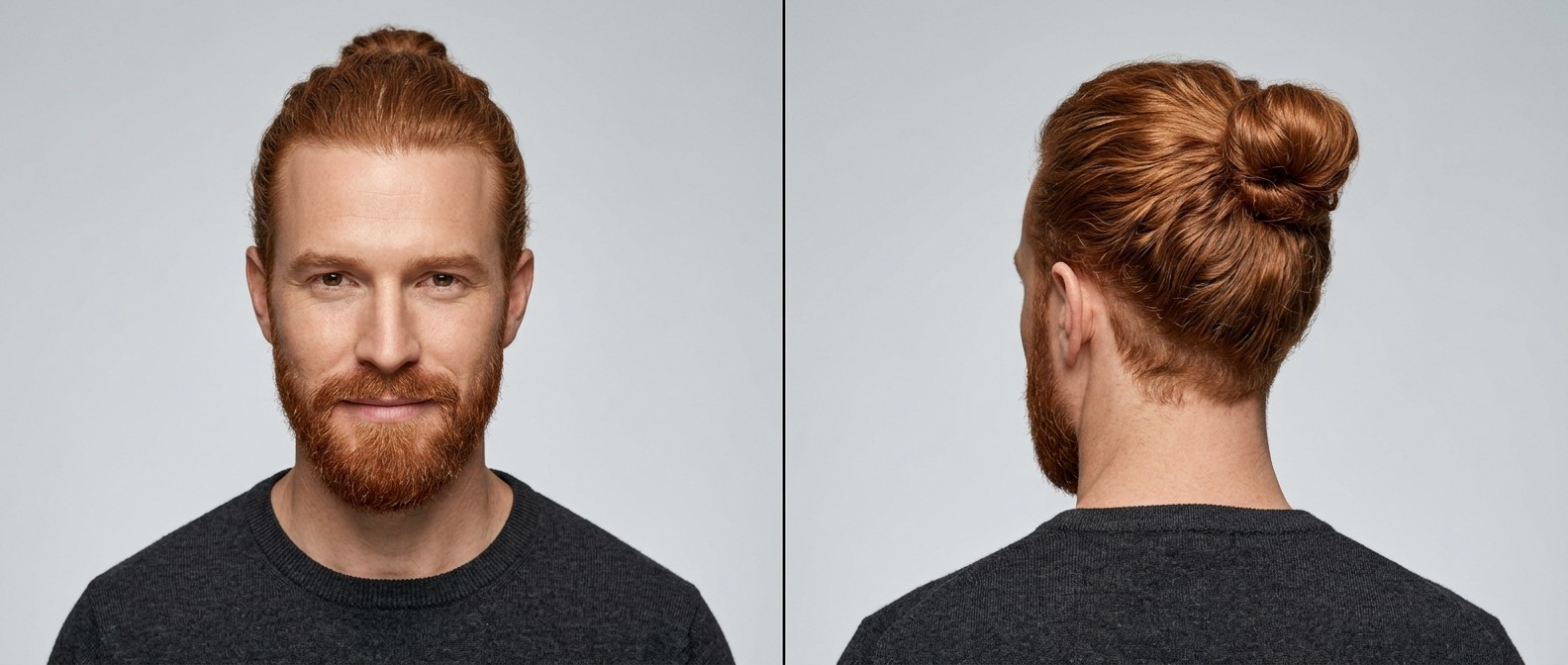 Red-haired man aged 35-45 with a wavy man bun, medium length sides, and a full groomed beard, showcasing a creative and low-maintenance hairstyle.