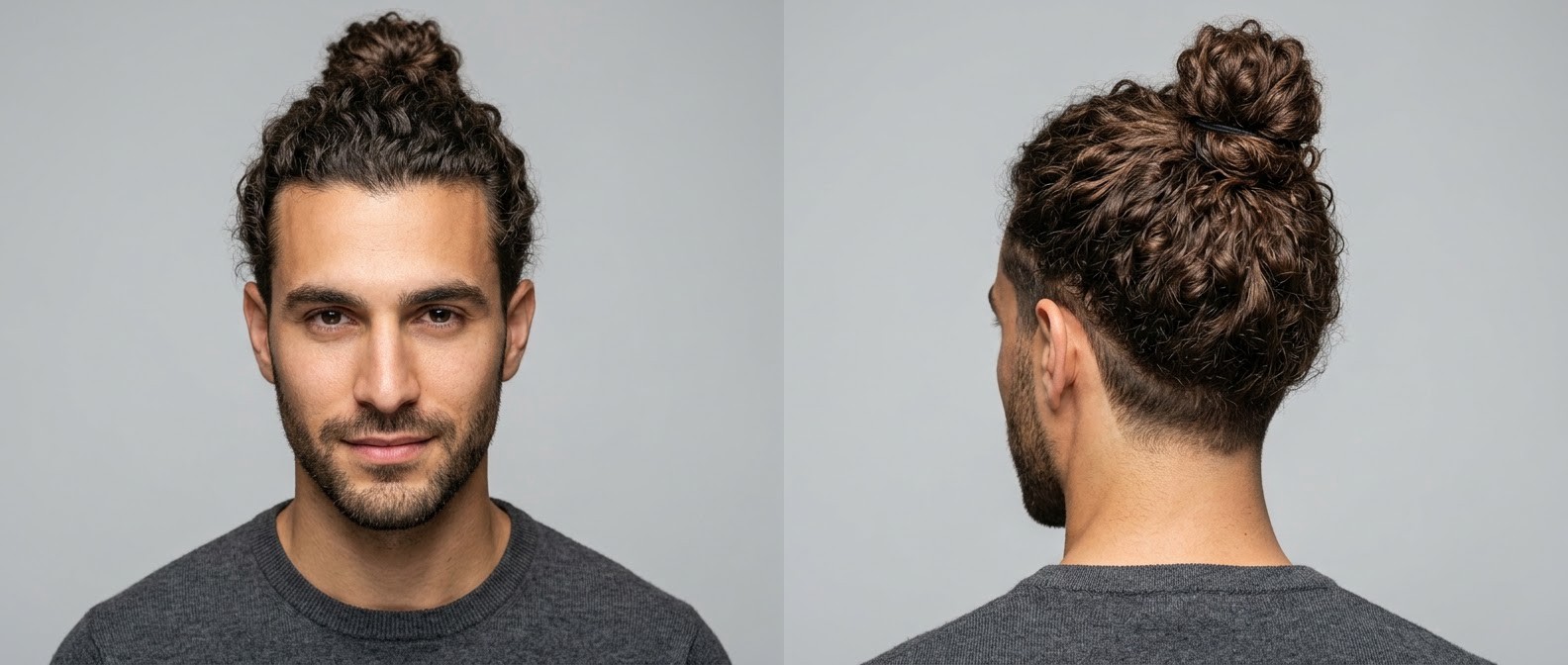 Front and side profile of a 25-35 year old Caucasian man with thick, curly brown hair styled in a high man bun with medium tapered sides and stubble.