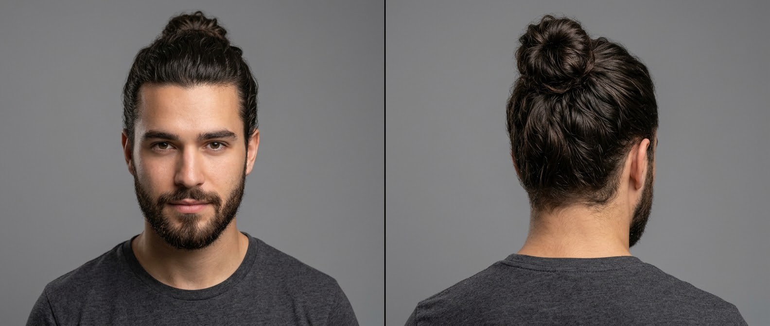 Visão frontal e traseira de um jovem com barba curta usando um coque masculino alto em cabelo ondulado, grosso e castanho escuro.