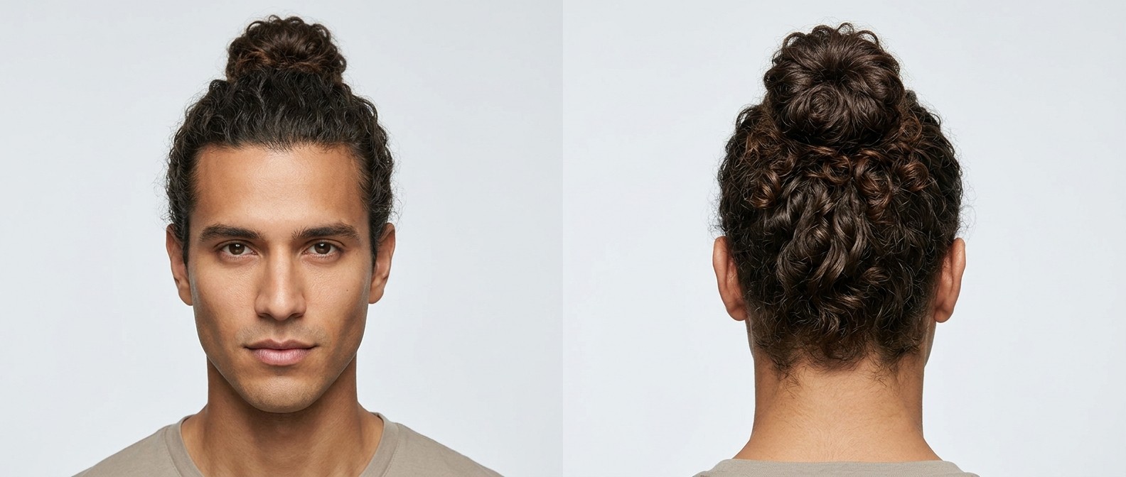 Widok z przodu i z tyłu na Latynosa z ciemnobrązowymi kręconymi włosami typu 3 w wysokim koku, ukazujący naturalną teksturę i czystą linię włosów.