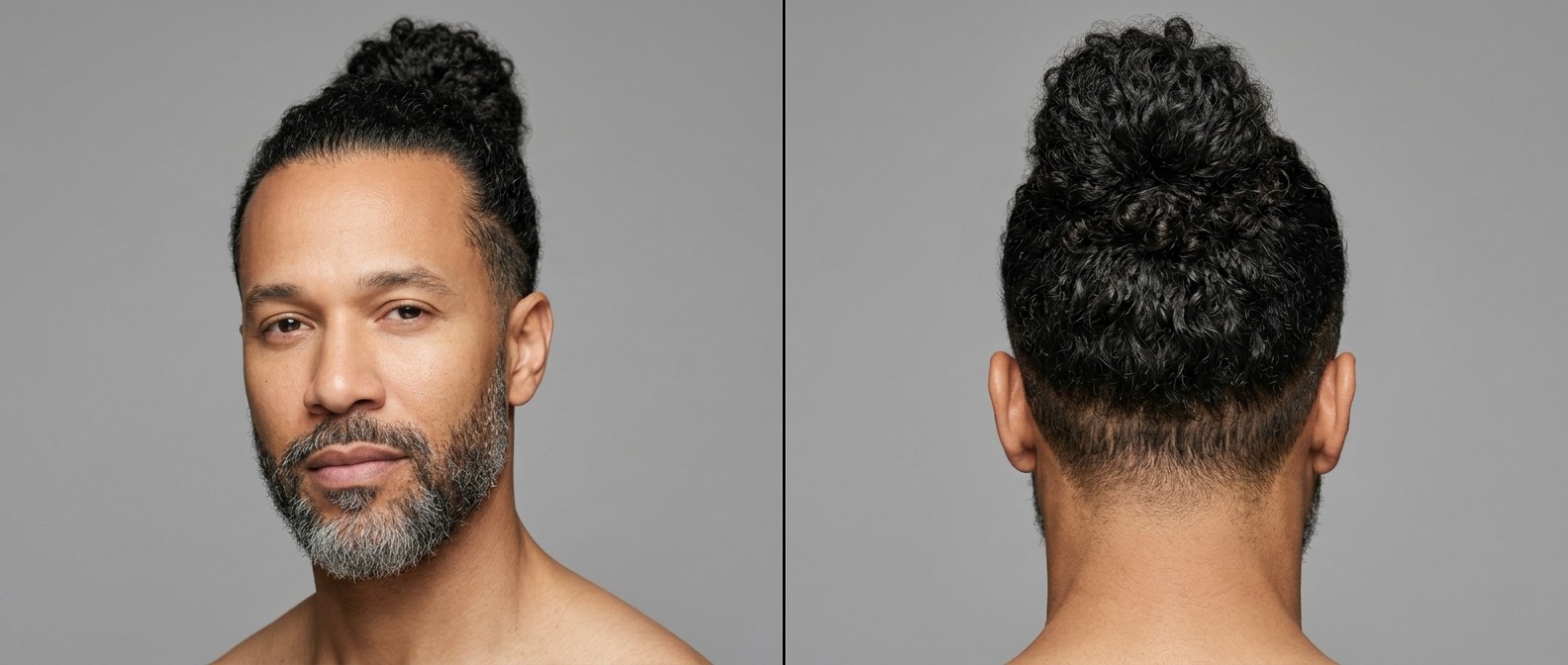 Dojrzały mężczyzna z brodą salt-and-pepper i kręconymi włosami typu 3 ułożonymi w wysoki męski koczek.