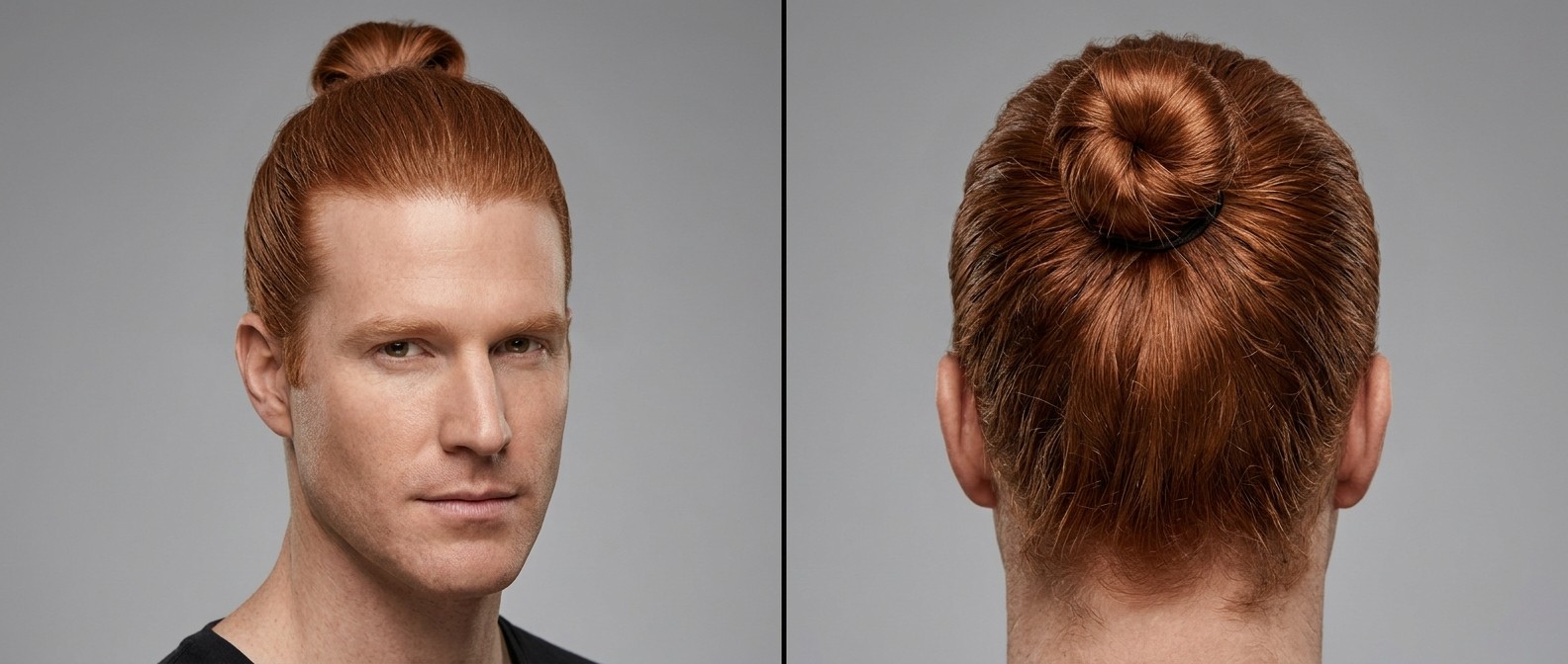 Widok z przodu i z tyłu na 35-45-letniego mężczyznę z gęstymi, prostymi, rudymi włosami upiętymi w elegancki wysoki kok.