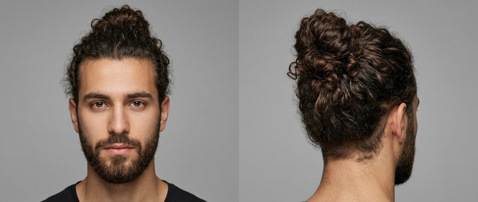 Młody mężczyzna o oliwkowej cerze i zadbanej brodzie w luźnym, wysokim koku, prezentujący naturalną objętość ciemnobrązowych kręconych włosów typu 3.