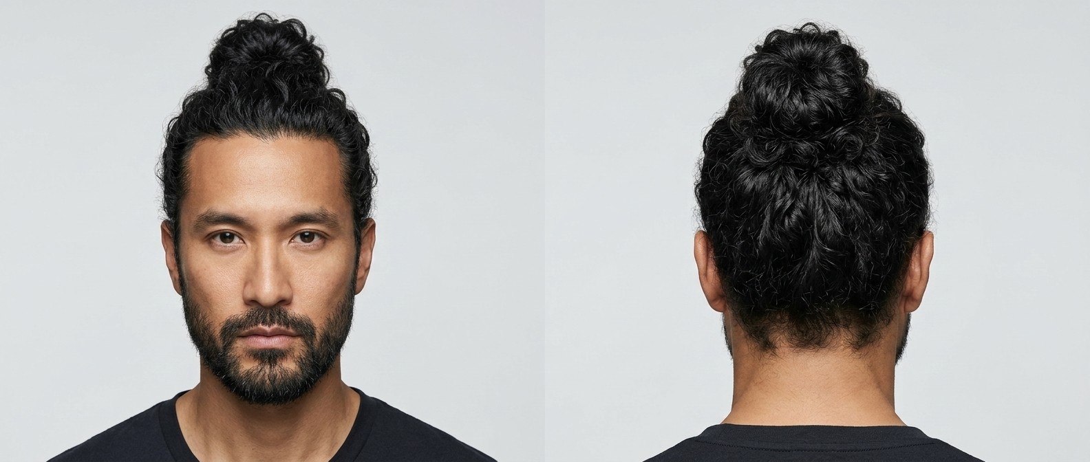 Homme asiatique de 35-45 ans avec barbe, portant un man bun texturé haut perché sur cheveux bouclés noirs, vue de face et de dos.