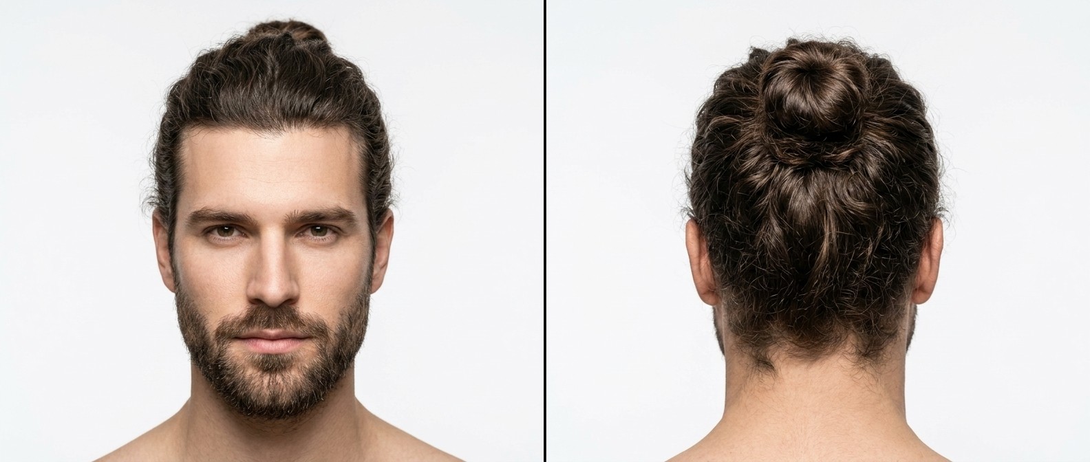 Vue de face et de dos d'un homme caucasien au visage carré, barbe courte et cheveux bruns ondulés coiffés en man bun au sommet.