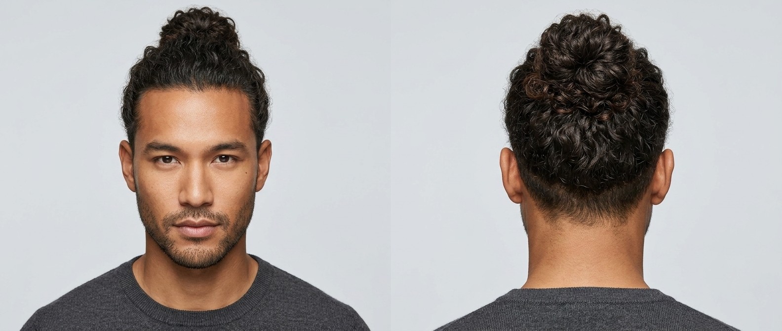 Vue de face et de profil d'un homme aux cheveux bruns foncés, type 3, portant un man bun haut avec nuque dégradée aux ciseaux.